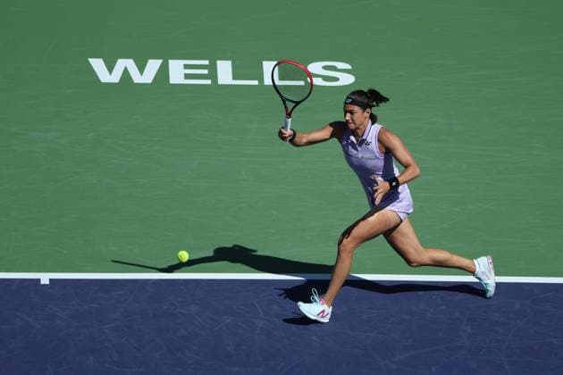 Caroline Garcia in action against Leilah Fernandez at the BNP Paribas Open at Indian Wells TENNIS : Indian Wells 2023 AntoineCouvercelle Panoramic 
