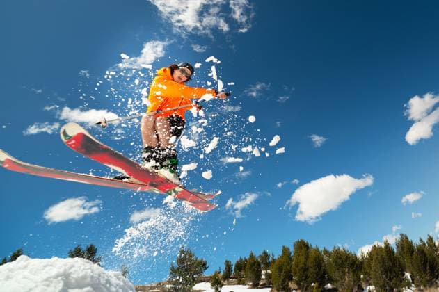 man skier in flight after jumping from a kicker in the spring against the backdrop of mountains and blue sky. Close-up wide angle. The concept of closing the ski season and skiing in spring Man skier in flight after jumping from a kicker in the spring against the backdrop of mountains and blue sky. Close-up wide angle. The concept of closing the ski season and skiing in spring. (License=RF) 18120595 ,model released, Symbolfoto Copyright: xZoonar.com IanxIankovskiix 18120595 ,model released, Symbolfoto ,property released