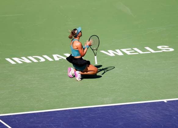 March 13, 2023 Paula Badosa of Spain reacts to missing a shot against Elena Rybakina of Kazakhstan during the 2023 BNP Paribas Open at Indian Wells Tennis Garden in Indian Wells, California. Mandatory Photo Credit: CSM Indian Wells United States of America - ZUMAc04_ 20230313_zaf_c04_061 Copyright: xCharlesxBausx