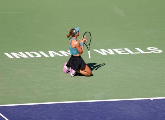 March 13, 2023 Paula Badosa of Spain reacts to missing a shot against Elena Rybakina of Kazakhstan during the 2023 BNP Paribas Open at Indian Wells Tennis Garden in Indian Wells, California. Mandatory Photo Credit: CSM Indian Wells United States of America - ZUMAc04_ 20230313_zaf_c04_062 Copyright: xCharlesxBausx