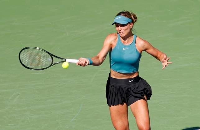 March 13, 2023 Paula Badosa of Spain returns a shot against Elena Rybakina of Kazakhstan during the 2023 BNP Paribas Open at Indian Wells Tennis Garden in Indian Wells, California. Mandatory Photo Credit: CSM Indian Wells United States of America - ZUMAc04_ 20230313_zaf_c04_070 Copyright: xCharlesxBausx