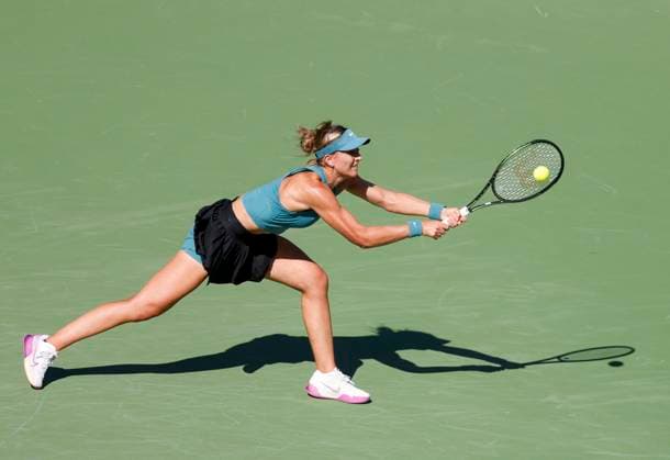March 13, 2023 Paula Badosa of Spain returns a shot against Elena Rybakina of Kazakhstan during the 2023 BNP Paribas Open at Indian Wells Tennis Garden in Indian Wells, California. Mandatory Photo Credit: CSM Indian Wells United States of America - ZUMAc04_ 20230313_zaf_c04_073 Copyright: xCharlesxBausx
