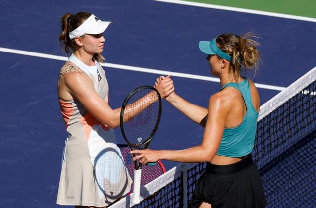 March 13, 2023 Paula Badosa of Spain congratulates Elena Rybakina of Kazakhstan during the 2023 BNP Paribas Open at Indian Wells Tennis Garden in Indian Wells, California. Mandatory Photo Credit: CSM Indian Wells United States of America - ZUMAc04_ 20230313_zaf_c04_080 Copyright: xCharlesxBausx