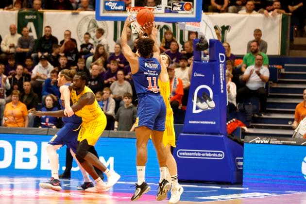 14 03 2023, easyCredit Basketball Bundesliga, BBL, season 2022 2023, men, Syntainics MBC Alba Berlin, 11, Kostja Mushidi, Syntainics MBC Weißenfels Stadthalle Sachsen Anhalt Germany