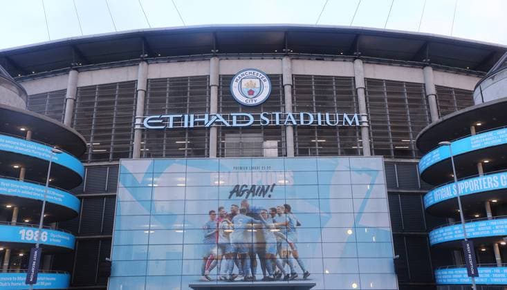 Manchester City RB Leipzig 14 03 2023 Manchester, 14 03 2023, Etihad Stadium, Football, UEFA Champions League, Round of 16, Second leg , Manchester City vs RB Leipzig , In picture Stadium view of City Stadium , Only editorial use Only editorial use , UEFA regulations prohibit any use of photographs as image sequences and or quasi video , Picture Point