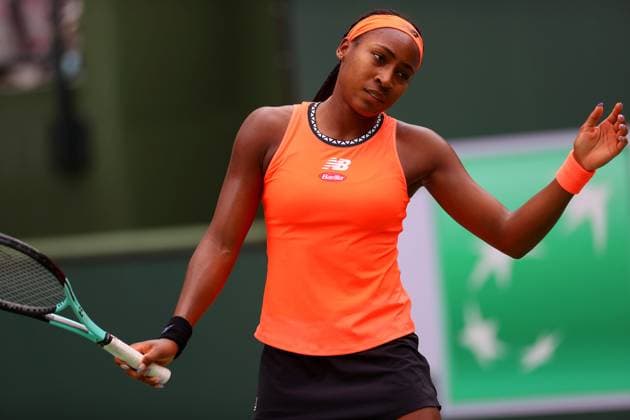 Mandatory Credit: Photo by Ella Ling Shutterstock (13822021p) Coco Gauff of USA frustrated BNP Paribas Open, Tennis, Day 7, Indian Wells Tennis Garden, California, USA- 14 Mar 2023 BNP Paribas Open, Tennis, Day 7, Indian Wells Tennis Garden, California, USA- 14 Mar 2023  Copyright: xEllaxLing Shutterstockx 13822021p