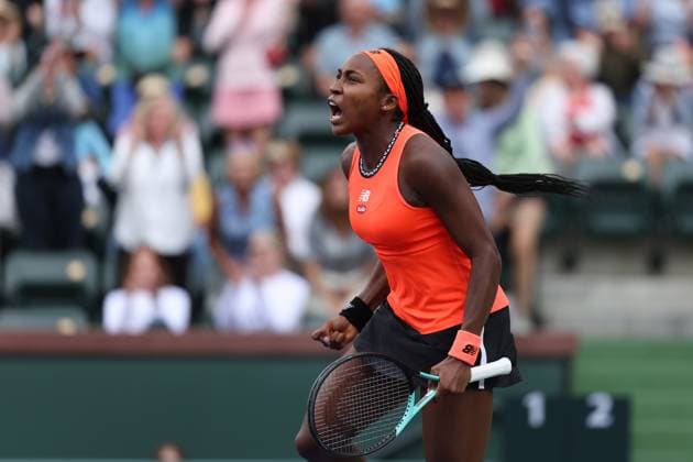 Coco Gauff (USA) in action at the BNP Paribas Open at Indian Wells TENNIS : Indian Wells 2023 AntoineCouvercelle Panoramic 