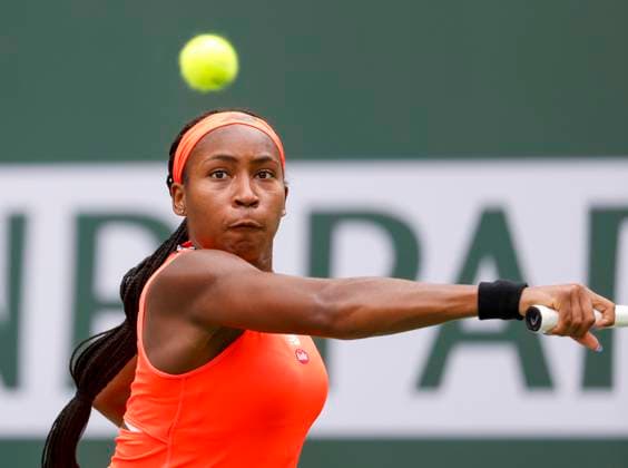 March 14, 2023 Coco Gauff returns a shot against Rebecca Peterson of Sweden during the 2023 BNP Paribas Open at Indian Wells Tennis Garden in Indian Wells, California. Mandatory Photo Credit: CSM Indian Wells United States of America - ZUMAc04_ 20230314_zaf_c04_011 Copyright: xCharlesxBausx