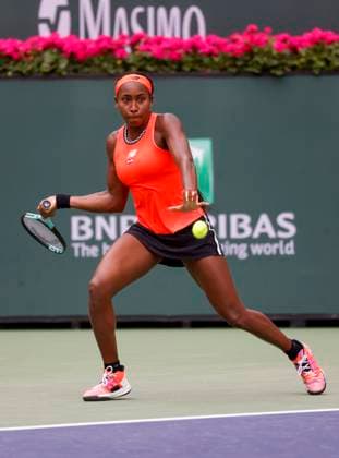 March 14, 2023 Coco Gauff returns a shot against Rebecca Peterson of Sweden during the 2023 BNP Paribas Open at Indian Wells Tennis Garden in Indian Wells, California. Mandatory Photo Credit: CSM Indian Wells United States of America - ZUMAc04_ 20230314_zaf_c04_022 Copyright: xCharlesxBausx