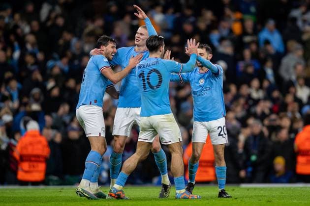 (230315) -- MANCHESTER, March 15, 2023 -- Manchester City s Erling Haaland (2nd L) celebrates scoring the third goal with teammates during the UEFA Champions League Round of 16 2nd Leg match between Manchester City and Leipzig in Manchester, Britain, on March 14, 2023. (SP)BRITAIN-MANCHESTER-FOOTBALL-UEFA CHAMPIONS LEAGUE-ROUND OF 16-MANCHESTER CITY VS LEIPZIG LixYing 