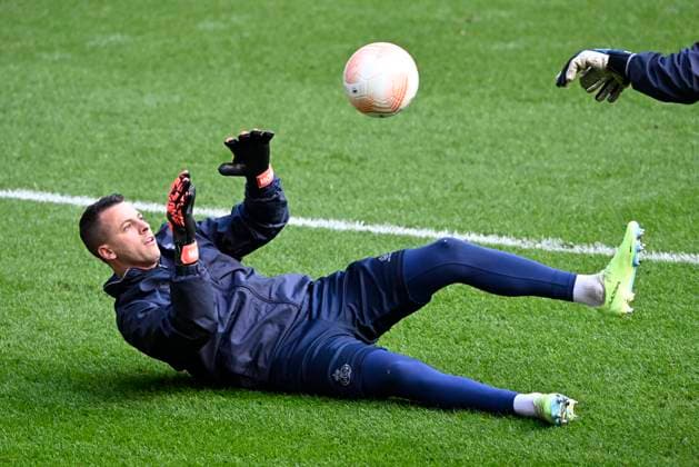 ANDERLECHT, BELGIUM - MARCH 15 : Moris Anthony goalkeeper of Union St-Gilloise pictured during a training session ahead of the UEFA Europa League round of 16, 2nd leg between Royal Union Saint-Gilloise and FC Union Berlin on March 15, 2023 in Anderlecht, Belgium, 15 03 2023 ( Royal Union Saint-Gilloise v Union Berlin - UEFA Europa League Media Activities 15 03 2023 PhotoNews Panoramic 