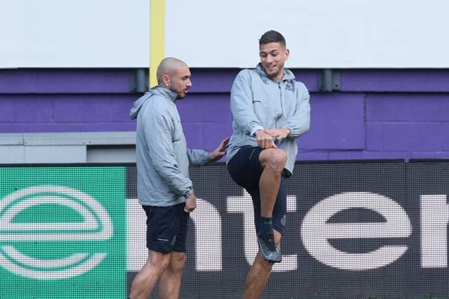 Union s Teddy Teuma and Union s Ross Sykes pictured during a training session of Belgian soccer team Royale Union Saint-Gilloise, Wednesday 15 March 2023 in Anderlecht, Brussels. Union is preparing for tomorrow s game against German Union Berlin, the return leg of the round of 16 of the UEFA Europa League competition, after a 3-3 draw result at the first leg. BRUNOxFAHY  x62985211x