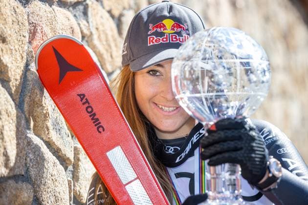 ALPINE SKIING - FIS WC Final Soldeu SOLDEU,ANDORRA,15.MAR.23 - ALPINE SKIING - FIS World Cup Final, award ceremony for the Downhill World Cup Ladies. Image shows Sofia Goggia (ITA). Keywords: crystal globe, medal.  GEPAxpictures xHaraldxSteiner