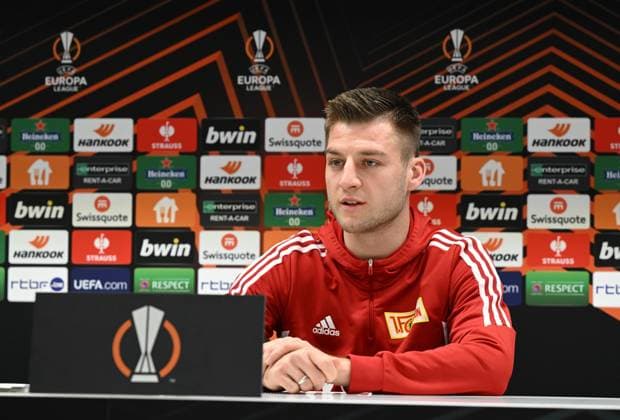 Football, men, season 2022 2023, Europa League, press conference of 1 FC Union Berlin the day before the round of 16 second leg at Royale Union Saint Gilloise at Lotto Park Brussels, Robin Knoche 1 FC Union Berlin , 15 03 2023, Copyright: xMatthiasxKochx