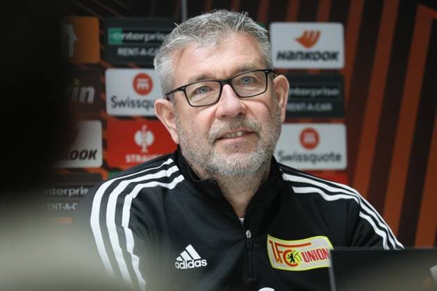 Berlin s head coach Urs Fischer pictured during a press conference, PK, Pressekonferenz of German Union Berlin, Wednesday 15 March 2023 in Anderlecht, Brussels. Union Berlin is preparing for tomorrow s game against Belgian soccer team Royale Union Saint-Gilloise, the return leg of the round of 16 of the UEFA Europa League competition, after a 3-3 draw result at the first leg. BRUNOxFAHY  x63014384x