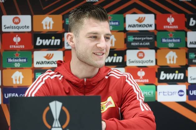 Berlin s Robin Knoche pictured during a press conference, PK, Pressekonferenz of German Union Berlin, Wednesday 15 March 2023 in Anderlecht, Brussels. Union Berlin is preparing for tomorrow s game against Belgian soccer team Royale Union Saint-Gilloise, the return leg of the round of 16 of the UEFA Europa League competition, after a 3-3 draw result at the first leg. BRUNOxFAHY  x63014758x