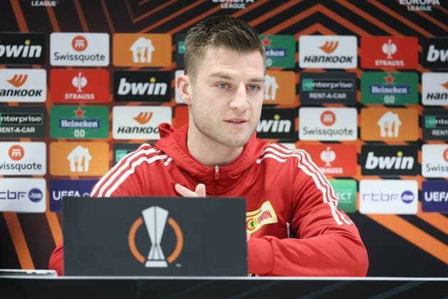 Berlin s Robin Knoche pictured during a press conference, PK, Pressekonferenz of German Union Berlin, Wednesday 15 March 2023 in Anderlecht, Brussels. Union Berlin is preparing for tomorrow s game against Belgian soccer team Royale Union Saint-Gilloise, the return leg of the round of 16 of the UEFA Europa League competition, after a 3-3 draw result at the first leg. BRUNOxFAHY  x63014762x