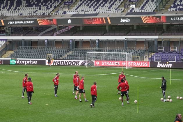 Berlin s players pictured during a training session of German Union Berlin, Wednesday 15 March 2023 in Anderlecht, Brussels. Union Berlin is preparing for tomorrow s game against Belgian soccer team Royale Union Saint-Gilloise, the return leg of the round of 16 of the UEFA Europa League competition, after a 3-3 draw result at the first leg. BRUNOxFAHY  x63019493x