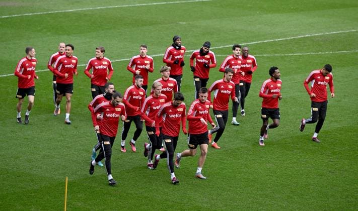 Football, men, 2022 2023 season, Europa League, 1 FC Union Berlin training the day before the round of 16 second leg at Royale Union Saint Gilloise at Lotto Park Brussels, team run-in, 15 03 2023, Copyright: xMatthiasxKochx