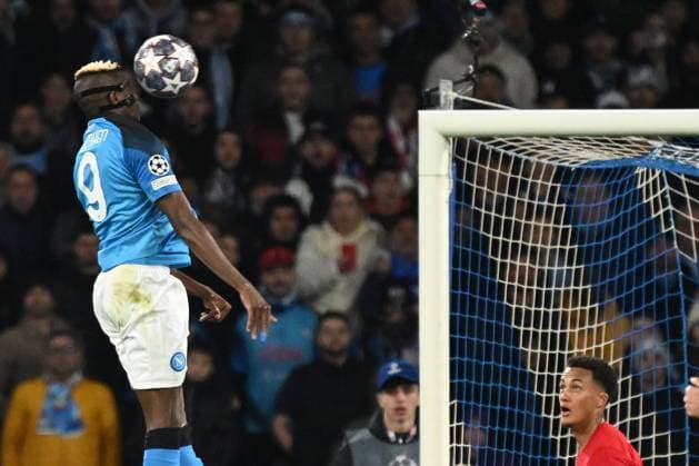 15 03 2023, xjhx, football UEFA Champions League 1 8 final, SSC Napoli Eintracht Frankfurt emspor, v l Cictor Osimhen of SSC Napoli scores the goal 1 0 DFL DFB REGULATIONS PROHIBIT ANY USE OF PHOTOGRAPHS AS IMAGE SEQUENCES AND OR QUASI VIDEO Napoli