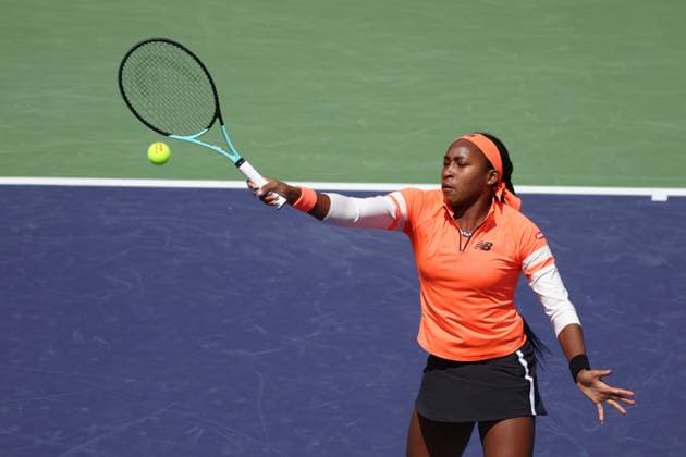 INDIAN WELLS, CA - MARCH 15: Coco Gauff (USA) hits a volley during the BNP Paribas Open on March 15, 2023 at the Indian Wells Tennis Garden in Indian Wells, CA. (Photo by George Walker Icon Sportswire) TENNIS: MAR 15 BNP Paribas Open Icon230315035