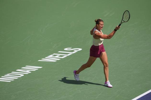 INDIAN WELLS, CA - MARCH 15: Aryna Sabalenka hits a forehand during the BNP Paribas Open on March 15, 2023 at the Indian Wells Tennis Garden in Indian Wells, CA. (Photo by George Walker Icon Sportswire) TENNIS: MAR 15 BNP Paribas Open Icon230315060