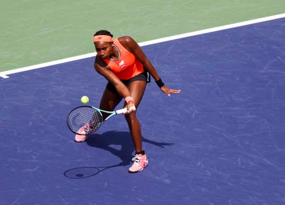 March 15, 2023 Coco Gauff returns a shot against Aryna Sabalenka of Belarus during the 2023 BNP Paribas Open at Indian Wells Tennis Garden in Indian Wells, California. Mandatory Photo Credit: CSM Indian Wells United States of America - ZUMAc04_ 20230315_zaf_c04_015 Copyright: xCharlesxBausx