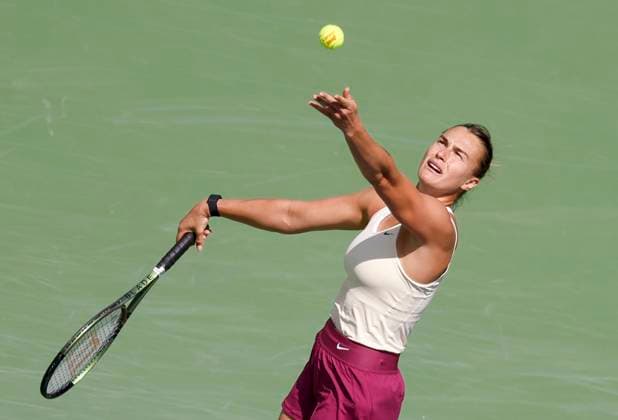 March 15, 2023 Aryna Sabalenka of Belarus serves against Coco Gauff during the 2023 BNP Paribas Open at Indian Wells Tennis Garden in Indian Wells, California. Mandatory Photo Credit: CSM Indian Wells United States of America - ZUMAc04_ 20230315_zaf_c04_003 Copyright: xCharlesxBausx