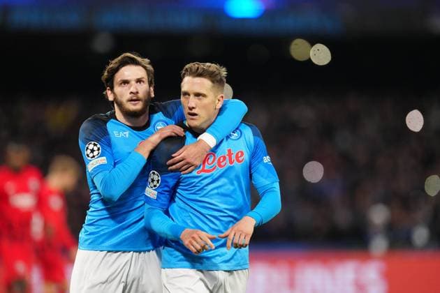 RECORD DATE NOT STATED Piotr Zielinski Khvicha Kvaratskhelia of SSC Napoli (r) celebrates with Piotr Zielinski and teammates after scoring the goal of 1-0 during the Champions League football match between SSC Napoli and Eintracht Frankfurt at Diego Armando Maradona stadium in Napoli (Italy), March 15th, 2023. Copyright: xx