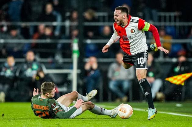 UEFA Europa League: Feyenoord v Shakhtar Donetsk Rotterdam - Artem Bondarenko of Shakhtar Donetsk, Orkun Kokcu of Feyenoord during the match between Feyenoord v Shakhtar Donetsk at Stadion Feijenoord De Kuip on 16 March 2023 in Rotterdam, the Netherlands. Copyright: xTomxBodex