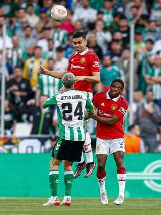 Mandatory Credit: Photo by Pressinphoto Shutterstock (13830498a) Carlos Henrique Casemiro, Tyrell Malacia of Manchester United, ManU and Aitor Ruibal of Real Betis Real Betis v Manchester United, UEFA Europa League, Round of 16, 2nd leg. Football, Benito Villamarin Stadium, Sevilla, Spain - 16 March 2023 Editorial use only Real Betis v Manchester United, UEFA Europa League, Round of 16, 2nd leg. Football, Benito Villamarin Stadium, Sevilla, Spain - 16 March 2023 Editorial use only Copyright: xPressinphoto Shutterstockx 13830498a