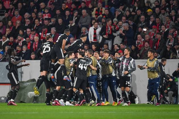 Football Europa League Round of 16 second leg 22 23 SC Freiburg vs Juventus Turin 16 03 2023 Cheers Juventus Turin for offside goal Football Europa League Round of 16 second leg SC Freiburg vs Juventus Turin on Thursday, March 16, 2023 at Europa Park Stadium in Freiburg im Breisgau, Germany Copyright: xBEAUTIFULxSPORTS GerdxGruendlx