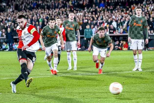 ROTTERDAM, 04-03-2023, Stadium de Kuip, UEFA Europa League Football, season 2022 2023, Match between Feyenoord and Shakhtar Donetsk, Feyenoord player Orkun Kokcu scores the 3-0 Feyenoord - Shakhtar Donetsk  x20231912x Copyright: