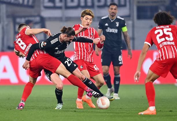 FOOTBALL EUROPE LEAGUE SEASON 2022 2023 Round of 16 second leg SC Freiburg Juventus Turin 16 03 2022 Adrien Rabiot center, Juventus Turin vs Maximilian Eggestein left, SC Freiburg and Ritsu Doan right, SC Freiburg