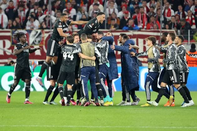 16 03 2023, xtvx, football UEFA Europa League 1 8 final, SC Freiburg Juventus Turin emspor, v l goal celebration after offside goal by Dusan Vlahovic Juventus Turin DFL DFB REGULATIONS PROHIBIT ANY USE OF PHOTOGRAPHS AS IMAGE SEQUENCES AND OR QUASI VIDEO Freiburg