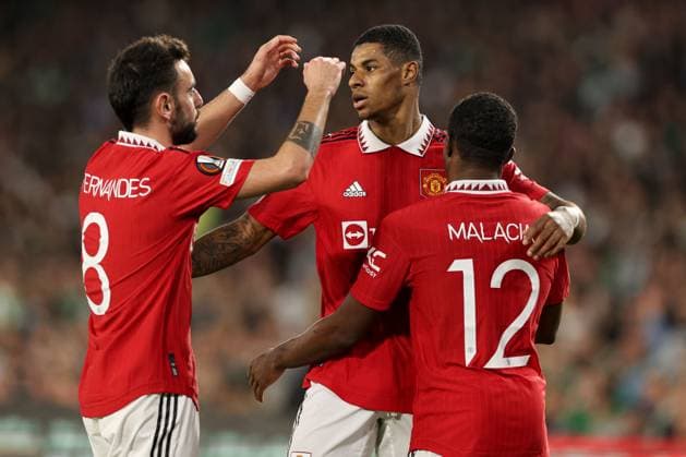 Mandatory Credit: Photo by Paul Currie Shutterstock (13820133bg) Marcus Rashford of Manchester United, ManU celebrates scoring the 1st goal Real Betis v Manchester United, UEFA Europa League, Round of 16, Second Leg, Football, Benito Villamarin Stadium, Seville, Spain - 16 Mar 2023 EDITORIAL USE ONLY No use with unauthorised audio, video, data, fixture lists, club league logos or live services. Online in-match use limited to 120 images, no video emulation. No use in betting, games or single club league player publications. Real Betis v Manchester United, UEFA Europa League, Round of 16, Second Leg, Football, Benito Villamarin Stadium, Seville, Spain - 16 Mar 2023 EDITORIAL USE ONLY No use with unauthorised audio, video, data, fixture lists, club league logos or live services. Online in-match use limited to 120 images, no video emulation. No use in betting, games or single club league player publications. Copyright: xPaulxCurrie Shutterstockx 13820133bg