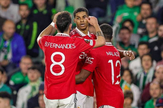 Real Betis v Manchester United, ManU Europa League 16 03 2023. Goal 0-1 Marcus Rashford (10) of Manchester United scores a goal and celebrates during the Europa League match between Real Betis and Manchester United at Estadio Benito Villamarin, Seville, Spain on 16 March 2023. Editorial use only , Copyright: xNigelxKeenex PSI-17076-0041