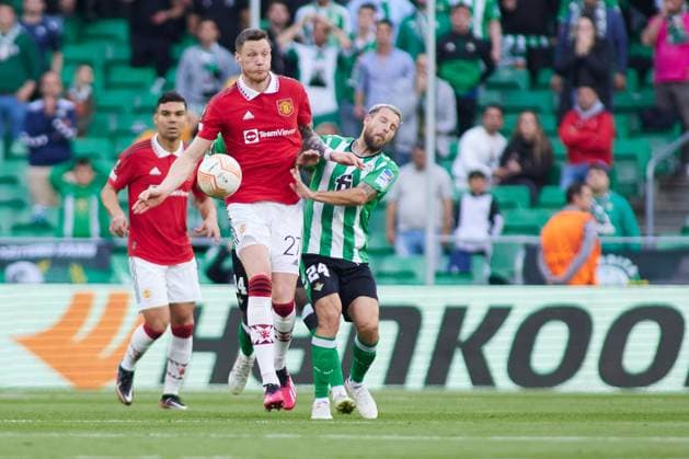 March 16, 2023, SEVILLA, SEVILLA, SPAIN: Wout Weghorst of Manchester United, ManU and Aitor Ruibal of Real Betis in action during the UEFA Europa League round of 16 second leg match between Real Betis and Manchester United at Benito Villamarin Stadium on March 16, 2023 in Sevilla, Spain. SEVILLA SPAIN - ZUMAa181 20230316_zaa_a181_032 Copyright: xJoaquinxCorcherox