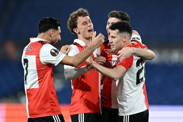 ROTTERDAM - (lr) Alireza Jahanbaksh of Feyenoord, Mats Wieffer of Feyenoord, Jacob Rasmussen of Feyenoord, Oussama Idrissi of Feyenoord celebrate the 5-0 during the UEFA Europa league round of 16 match between Feyenoord and Shakhtar Donetsk at Feyenoord Stadion de Kuip on March 16 2023 in Rotterdam, Netherlands. ANP OLAF KRAAK Feyenoord v Shakhtar Donetsk: Round of 16 Leg Two - UEFA Europa League 2022 2023 xVIxANPxSportx xxANPxIVx 465141907 originalFilename: 465141907.jpg