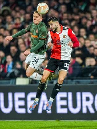 UEFA Europa League: Feyenoord v Shakhtar Donetsk Rotterdam - Ivan Petriak of Shakhtar Donetsk, David Hancko of Feyenoord during the match between Feyenoord v Shakhtar Donetsk at Stadion Feijenoord De Kuip on 16 March 2023 in Rotterdam, the Netherlands. Copyright: xTomxBodex