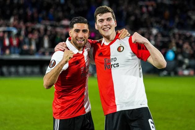 UEFA Europa League: Feyenoord v Shakhtar Donetsk Rotterdam - Alireza Jahanbakhsh of Feyenoord, Jacob Rasmussen of Feyenoord celebrate the win during the match between Feyenoord v Shakhtar Donetsk at Stadion Feijenoord De Kuip on 16 March 2023 in Rotterdam, the Netherlands. Copyright: xTomxBodex