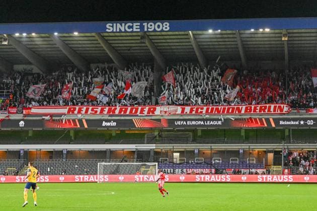 Football, men, season 2022 2023, Europa League Round of 16, second leg , Royale Union Saint Gilloise 1 FC Union Berlin at Lotto Park Brussels, fans of 1 FC Union Berlin , 16 03 2023, Copyright: xMatthiasxKochx
