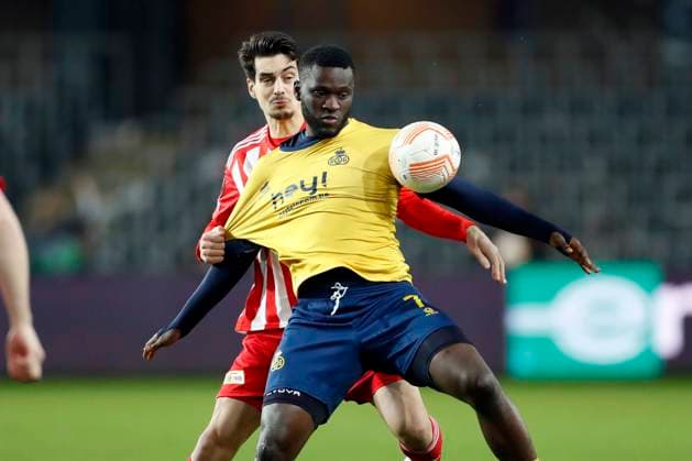 ANDERLECHT, BELGIUM - MARCH 16 : Boniface Victor forward of Union St-Gilloise and Khedira Rani midfielder of Union Berlin during the UEFA Europa League round of 16, 2nd leg between Royal Union Saint-Gilloise and FC Union Berlin on March 16, 2023 in Anderlecht, Belgium, 16 03 2023 ( Royal Union Saint-Gilloise v Union Berlin - UEFA Europa Leag PhotoNews Panoramic 