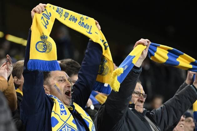 ANDERLECHT, BELGIUM - MARCH 16 : supporters and fans during the UEFA Europa League round of 16, 2nd leg between Royal Union Saint-Gilloise and FC Union Berlin on March 16, 2023 in Anderlecht, Belgium, 16 03 2023 ( Royal Union Saint-Gilloise v Union Berlin - UEFA Europa League PhotoNews Panoramic 
