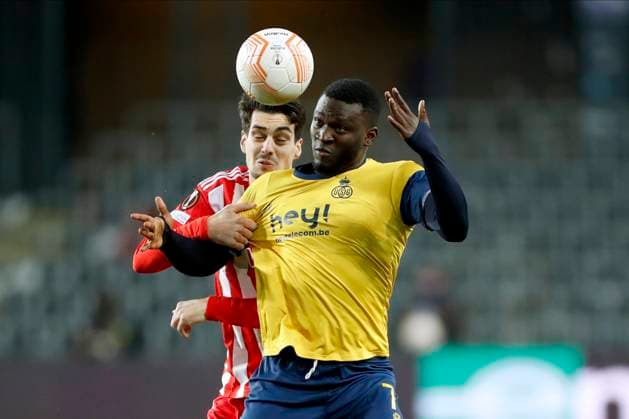 ANDERLECHT, BELGIUM - MARCH 16 : Boniface Victor forward of Union St-Gilloise and Khedira Rani midfielder of Union Berlin during the UEFA Europa League round of 16, 2nd leg between Royal Union Saint-Gilloise and FC Union Berlin on March 16, 2023 in Anderlecht, Belgium, 16 03 2023 ( Royal Union Saint-Gilloise v Union Berlin - UEFA Europa Leag PhotoNews Panoramic 