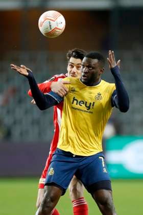 ANDERLECHT, BELGIUM - MARCH 16 : Boniface Victor forward of Union St-Gilloise and Khedira Rani midfielder of Union Berlin during the UEFA Europa League round of 16, 2nd leg between Royal Union Saint-Gilloise and FC Union Berlin on March 16, 2023 in Anderlecht, Belgium, 16 03 2023 ( Royal Union Saint-Gilloise v Union Berlin - UEFA Europa Leag PhotoNews Panoramic 