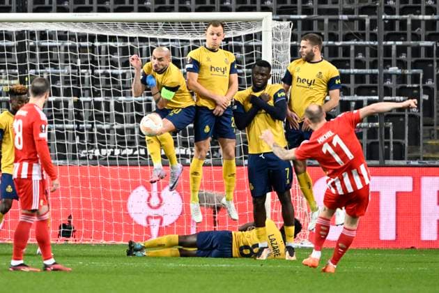 ANDERLECHT, BELGIUM - MARCH 16 : Teuma Teddy midfielder of Union St-Gilloise, Lynen Senne midfielder of Union St-Gilloise, Boniface Victor forward of Union St-Gilloise, Nieuwkoop Bart defender of Union St-Gilloise during the UEFA Europa League round of 16, 2nd leg between Royal Union Saint-Gilloise and FC Union Berlin on March 16, 2023 in Anderlecht, Belgium, 16 03 2023 ( Royal Union Saint-Gilloise v Union Berlin - UEFA Europa League PhotoNews Panoramic 