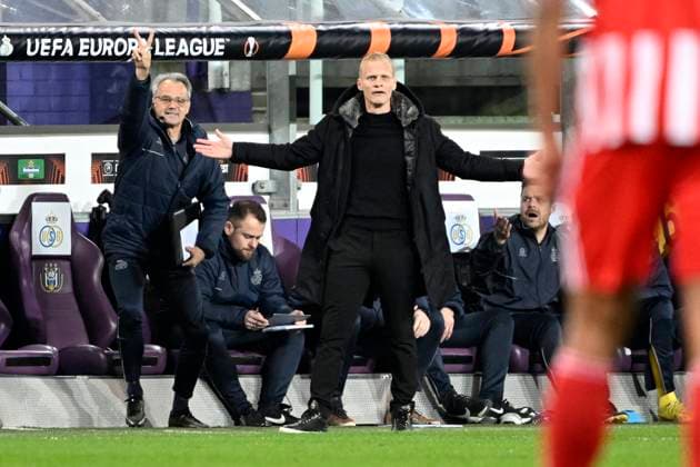 ANDERLECHT, BELGIUM - MARCH 16 : Geraerts Karel head coach of Union St-Gilloise during the UEFA Europa League round of 16, 2nd leg between Royal Union Saint-Gilloise and FC Union Berlin on March 16, 2023 in Anderlecht, Belgium, 16 03 2023 ( Royal Union Saint-Gilloise v Union Berlin - UEFA Europa League PhotoNews Panoramic 
