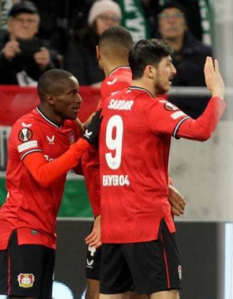 16.03.2023 Budapest(Hungary) Ferencvarosi TC-Bayer 04 Leverkusen Europa League round of 16 men s football Moussa Diaby(L),Serdar Azmoun(R) Bayer 04 Leverkusen celebration :