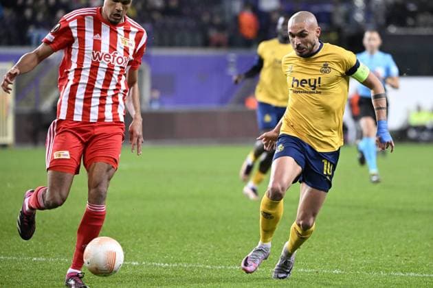 ANDERLECHT, BELGIUM - MARCH 16 : Teuma Teddy midfielder of Union St-Gilloise during the UEFA Europa League round of 16, 2nd leg between Royal Union Saint-Gilloise and FC Union Berlin on March 16, 2023 in Anderlecht, Belgium, 16 03 2023 ( Royal Union Saint-Gilloise v Union Berlin - UEFA Europa League PhotoNews Panoramic 